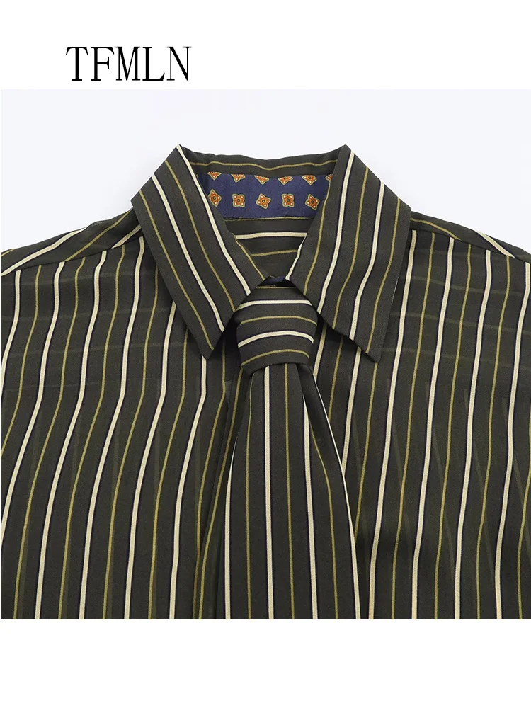 Casual New Women Striped Tie Blouses 2026 Spring Summer Simple Single Breasted Thin Loose Shirts High Street Long Sleeve  Tops