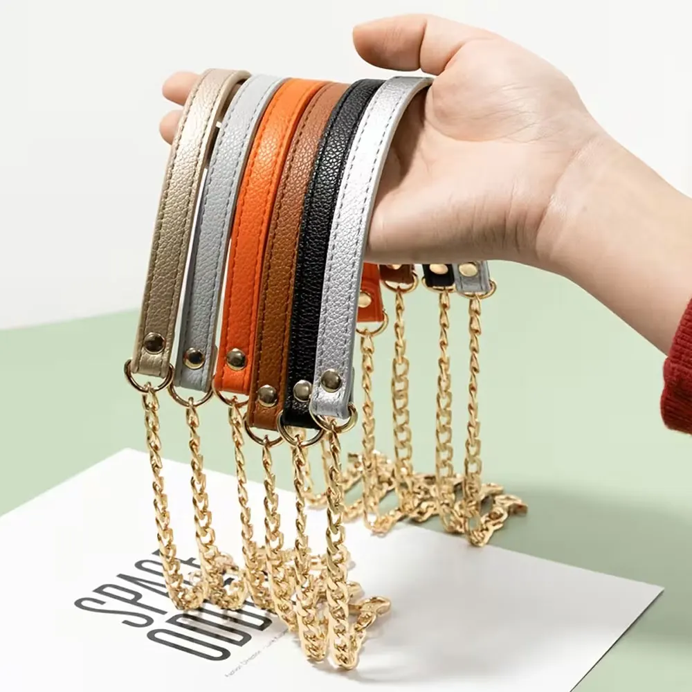 Elegant Gold Metal Chain with Black Leather Strap - Versatile Accessory with Square Safety Buckle for Handbags, Shoulder Bags, and Wallets