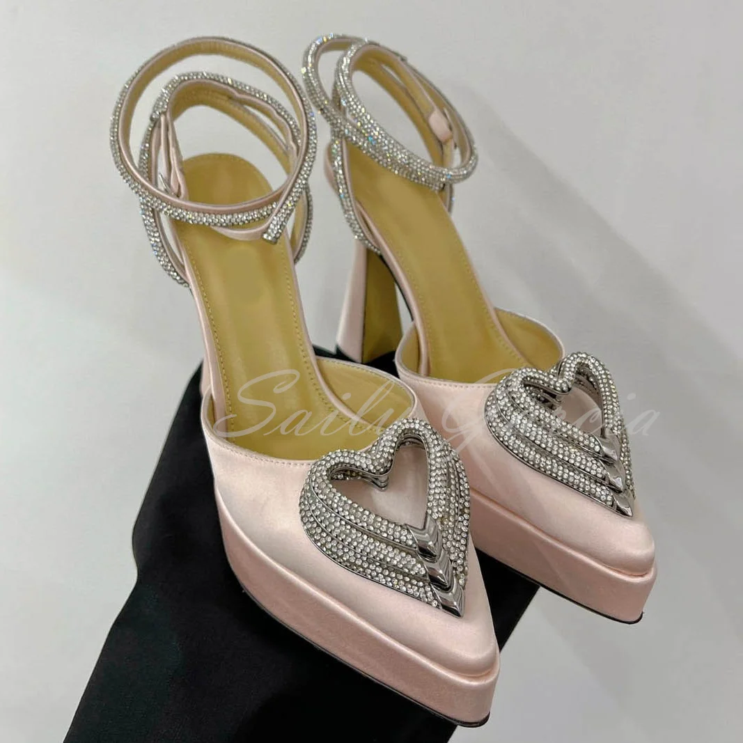 Platform Pointed Toe Hollow Silk High Heel Sandals Women Love Rhinestone Ribbon Square Toe Ankle Strap Wedding Shoes For Ladies