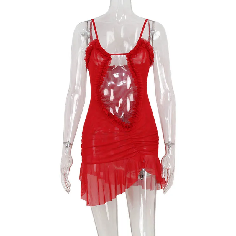 Sexy Red Hollow out Crop Top Mini Dress for Women Strapless Club Style High Waist Short Skirt Trendy Color Block Party Dress