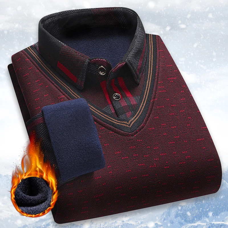 New Autumn Winter Sweaters Men's Velvet Pullover Knitted Bottom Shirts Men's Polo Pullover Wine Red Fleeced Knitwear 6