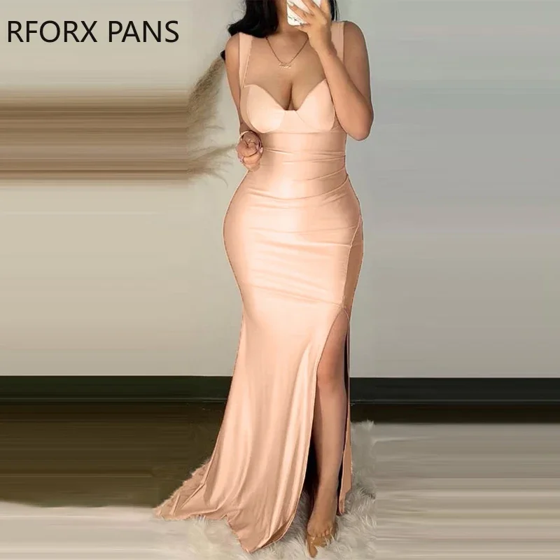 

Women Solid Glamorous Tank High Silt Bodycon Maxi Sexy Formal Party Dress