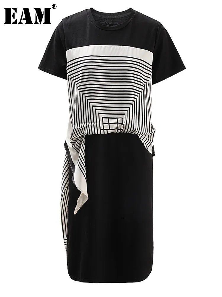 

[EAM] Women Beige Striped Irregular Big Size Midi Dress New Round Neck Short Sleeve Fashion Tide Spring Summer 2024 CPG1499