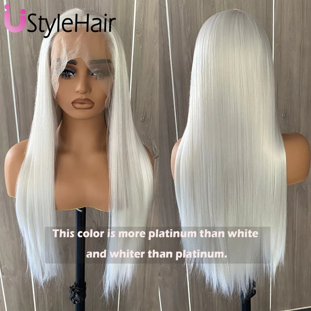 Synthetic Wig UStyleHair Ice White Wig Lace Front Synthetic Long Silky Straight Wig For Women Natural Hairline Daily Use Cosplay Platinum