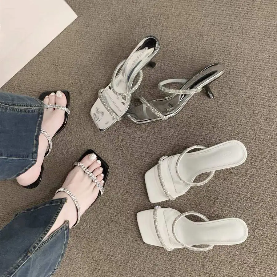 우아한 다이아몬드 장식 여성 샌들 야외 여름 하이힐 슬리퍼 유행하는 동화 디자..