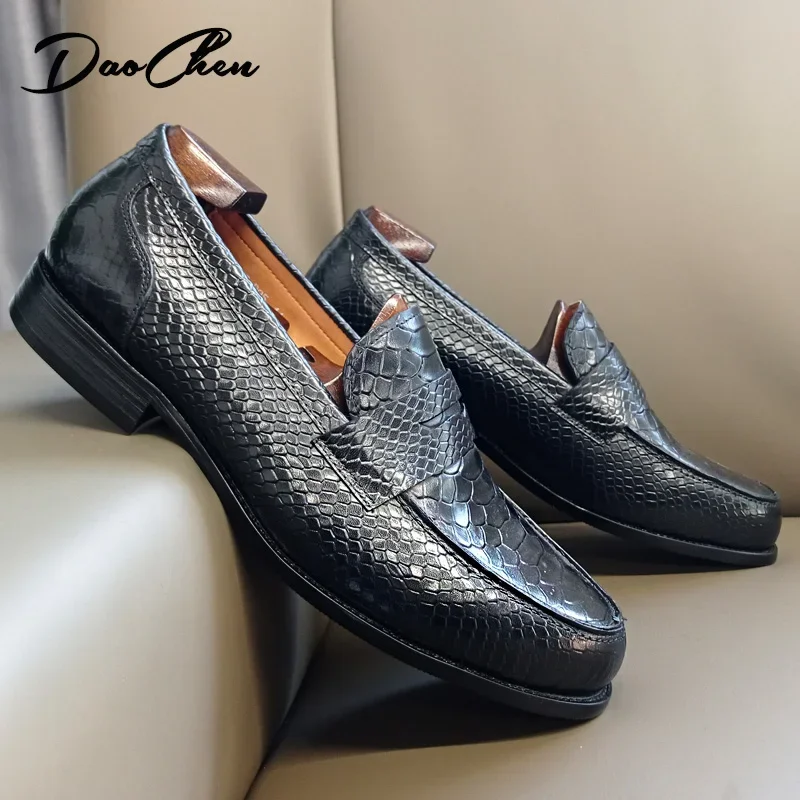 BRAND LEATHER BROWN BLACK SLIP ON SNAKE PRINT MEN'S CASUAL SHOES WEDDING OFFICE BANQUET casual loafers men_voghion.com