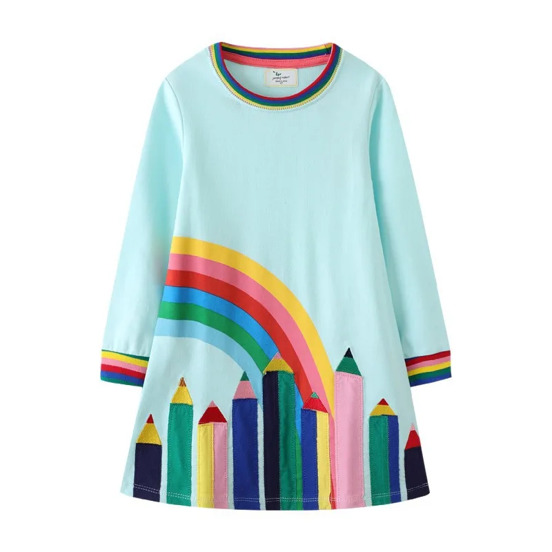Sa03ca09140384c1285b72f56f9c41b4bo Jumping Meters Colored Pen Applique Girls Dresses For School Autumn Spring Children's Clothes Preppy Style Kids Costume