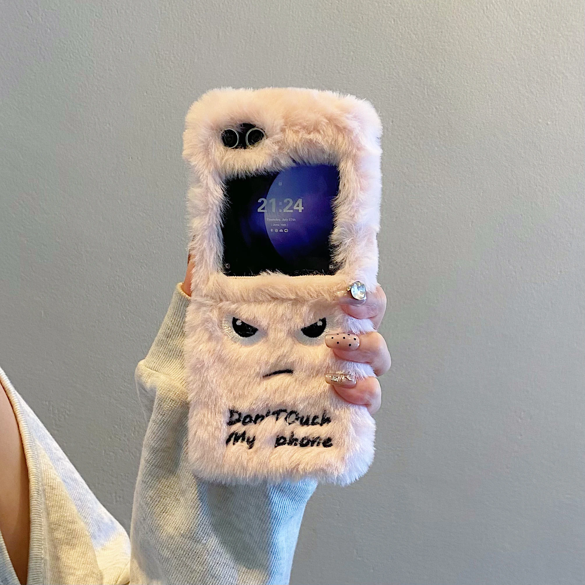 Adorable Furry Plush Phone Case with Grumpy Face Design - Don't Touch My Phone