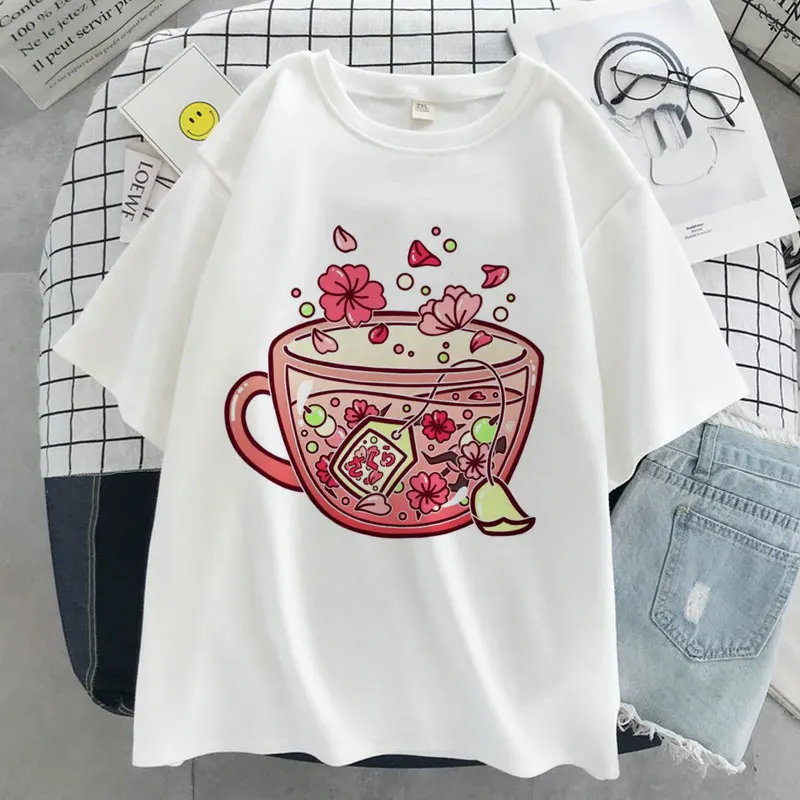 

2022 New Summer Fashion Tea Cup Graphic Print Blusas T-shirt Women Harajuku Aesthetic White Top Casual Tshirt Y2k Female T Shirt