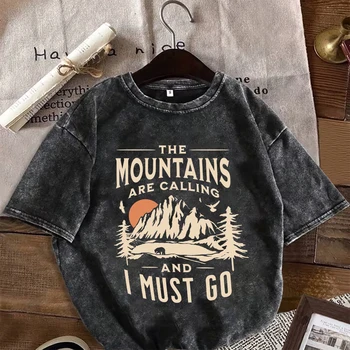 Vintage Washed Black Oversized T-Shirt Retro Summer Mountain Hiking Print Streetwear Casual Cotton Short Sleeve Crewneck Tee