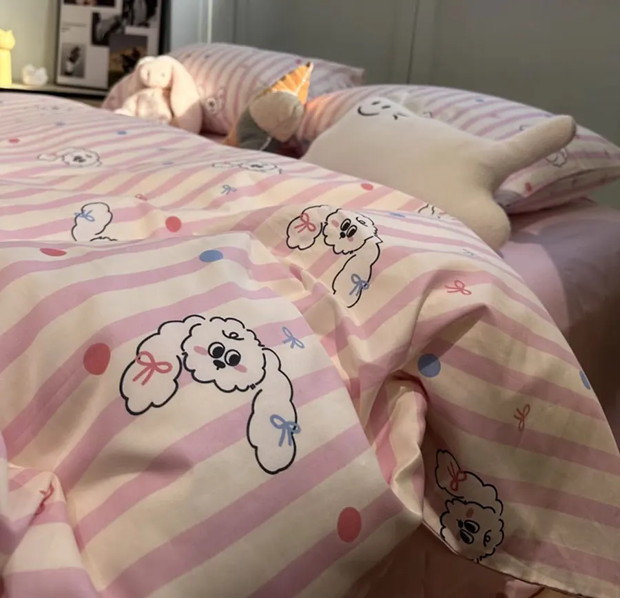 

Cute pink dog puppy bow stripe polka dot bedding set,twin full queen King cotton home textile bed sheet pillow case quilt cover