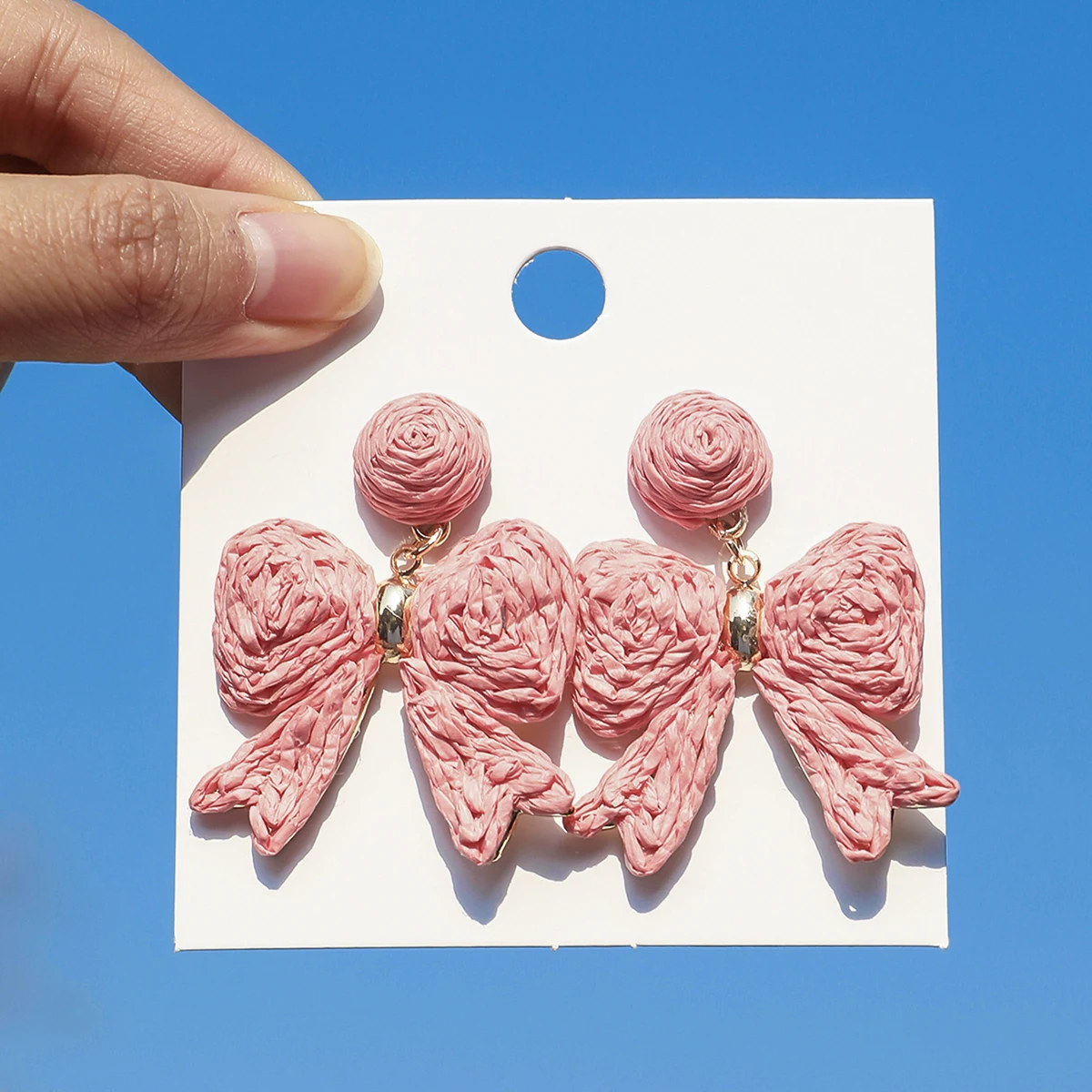 Bohemain Elegant Handmade Raffia Bowknot Drop Earrings for Women Sweet Geometric Rattan Knit Earrings Summer Party Jewelry Gift