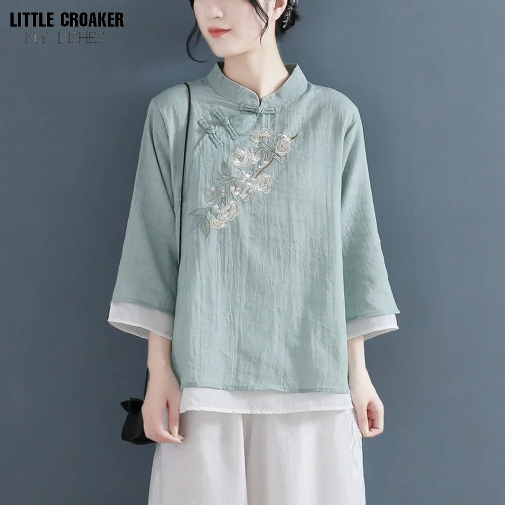 Autumn Double Layers Ladies Cotton Linen Shirt Blouse Chinese Traditional Women's Formal Tang Costume Pink Green White Hanfu Top