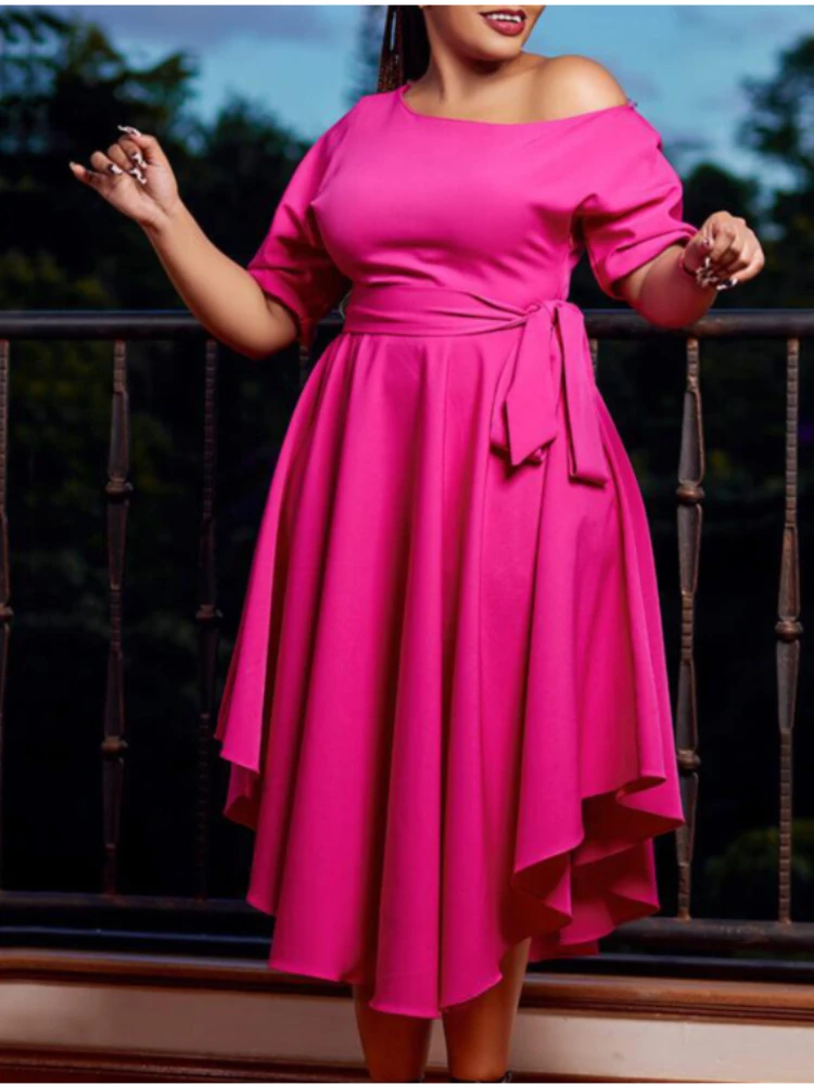 

Women Irregular Dress Drape Diagonal Collar Short Sleeve Elegant with Sashes African Female Office Ladies Large Size Summer New