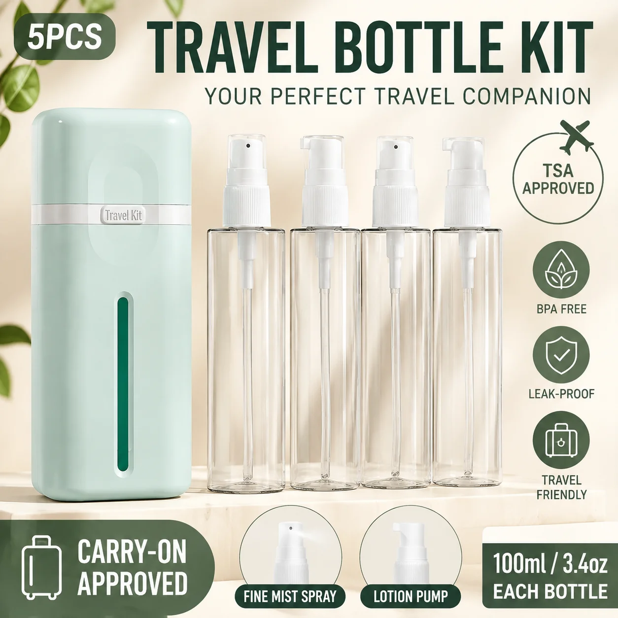 Compact 4-in-1 Refillable Travel Toiletry Set - Leak-Proof Cosmetic Liquid Containers