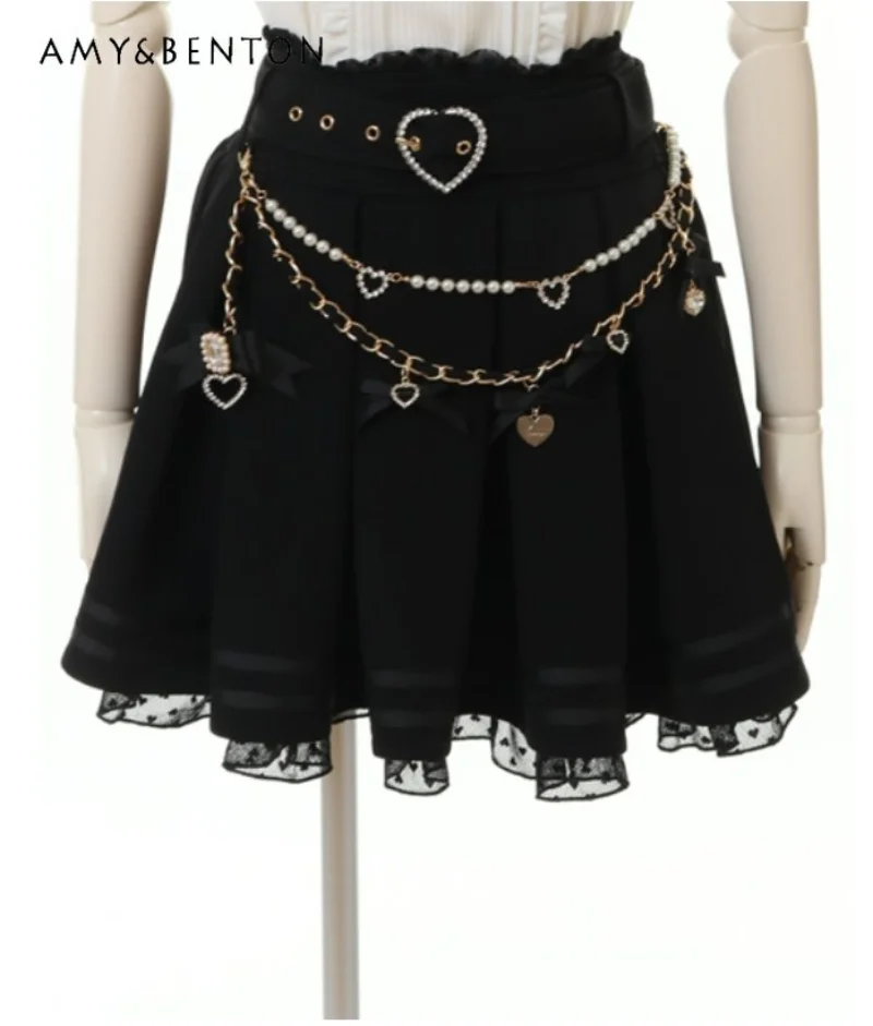 

Mine Mass-Produced Love Pearl Chain Bow Love Belt Short Skirt Summer Sweet Girls Solid Color Pleated Mini Skirt for Women