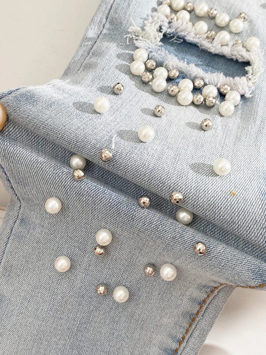 High Street Ripped Jeans for Women's 2023 New Spring Summer Trousers High Waist Tight Stretch Beaded Slimming Ankle-Length Pants