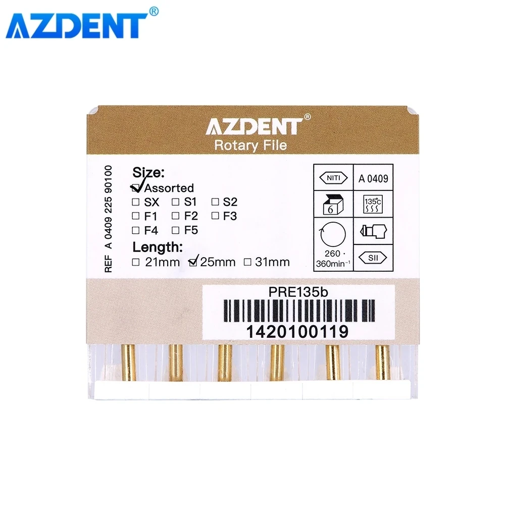 AZDENT 5Boxes Dental Endodontic Gold Large Taper File NITI Rotary Files Engine Use 25mm 6pcs/Box Dentistry Tools 6