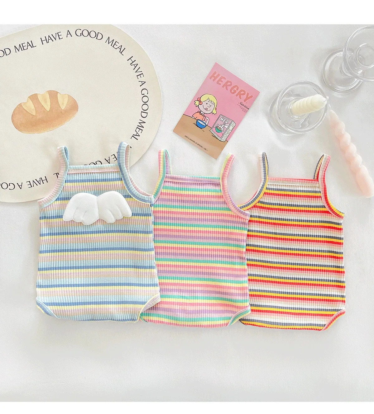 Ircomll 2-teiliges Sommerkleidung für Neugeborene, Mädchen, Schlinge, einteilig, bunte Streifen, Overall, Kleinkind-Tanktop, Träger-Onesies – Detail 4