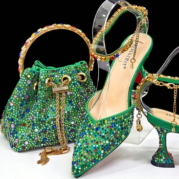 2026 New Shiny Italian Fashion Womens Pointed Toe Heels with Matching Green Color Bag Set