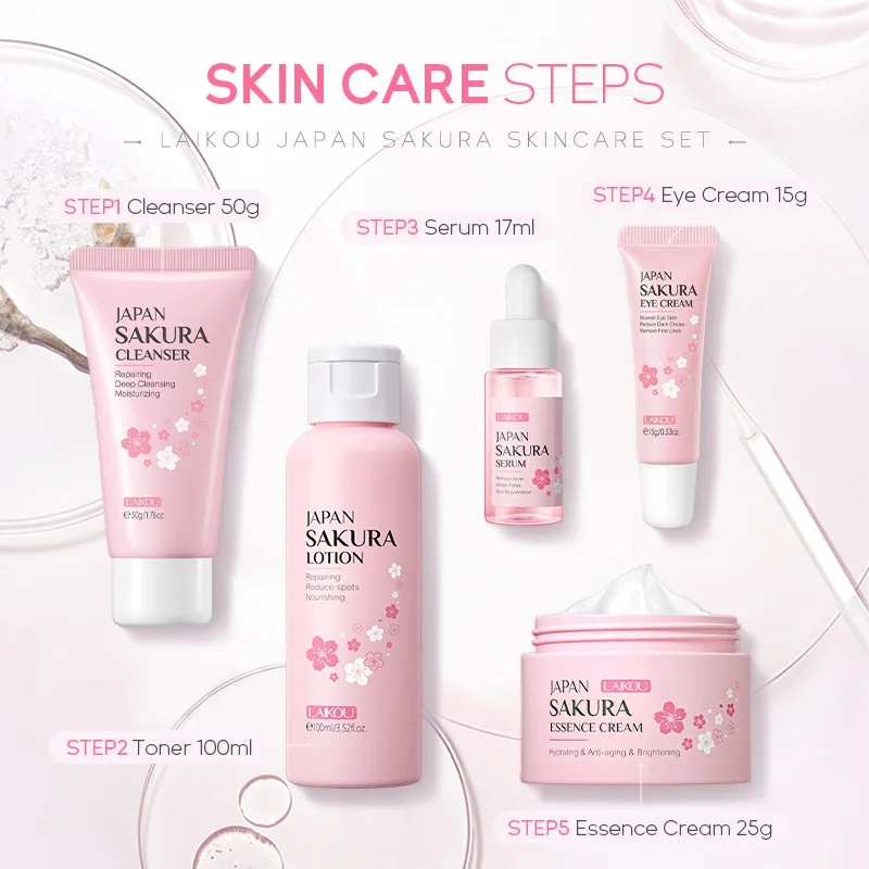 

Sakura Facial Products Kit Skin Care Set Whitening Facial Cleanser Face Cream Fade Dark Circles Eye Cream Korean Skincare