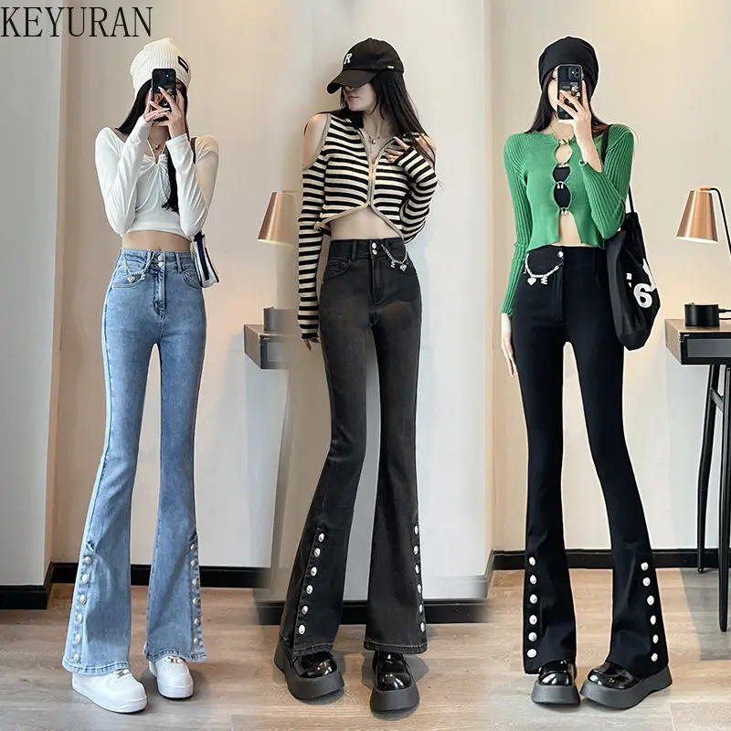 

Vintage Flared Pants Women Spring Atumn New Korean Streetwear Female Slim Stretch Denim Jeans Buttons High Waist Ladies Trousers