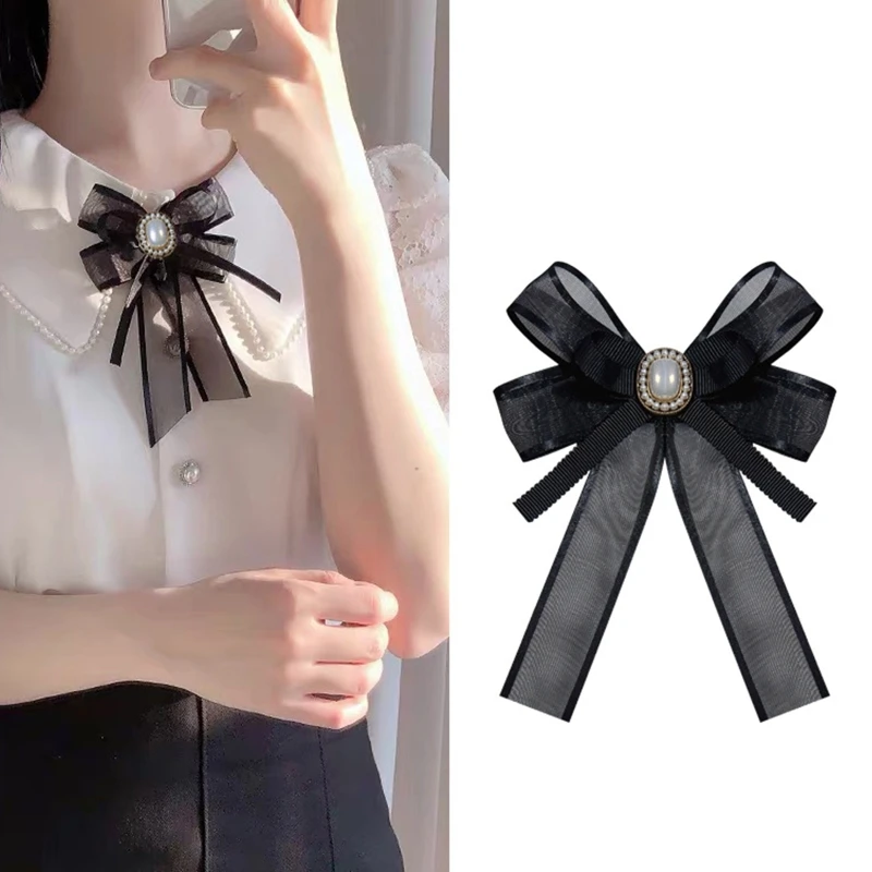 Schwarze Spitzen-Perlen-Schleife Lolita Gothic Eleganter Vintage-Kragen Accessoire Hemd- und Rock-Dekoration Schleifenschmuck – Detail 8