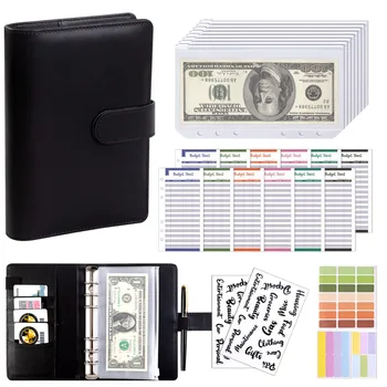 Raccoglitore budget in pelle PU con buste per contanti Tasche con cerniera Raccoglitore piccolo budget francese per risparmiare denaro Organizzatore pianificatore A6