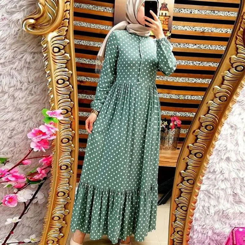 Abaya Dubai Polka Dot Dress Muslim Women Loose Waist Retro Commute Ruffle Edge Big Swing Dresses Marocain Turkish Robe