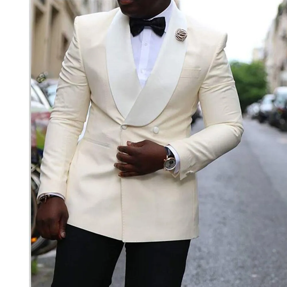 

Double Breasted Ivory Men Suits for Wedding Sllim Fit Shawl Lapel Groom Tuxedo African Male Fashion Jacket with Black Pants