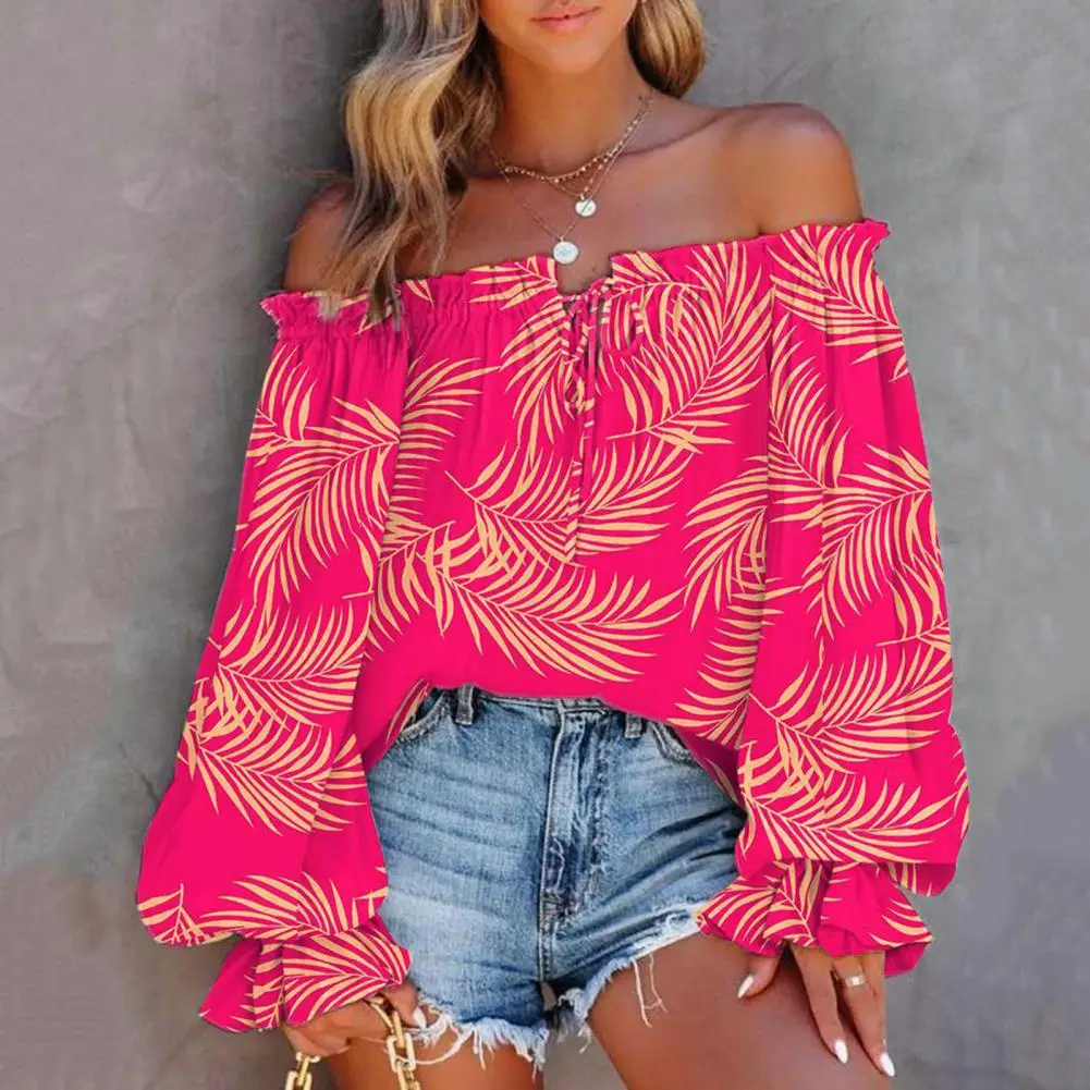 Tie-up Collar Women Blouse Colorful Print Off Shoulder Blouse Soft Breathable Stylish Women's Top for Prom Vacation More Off