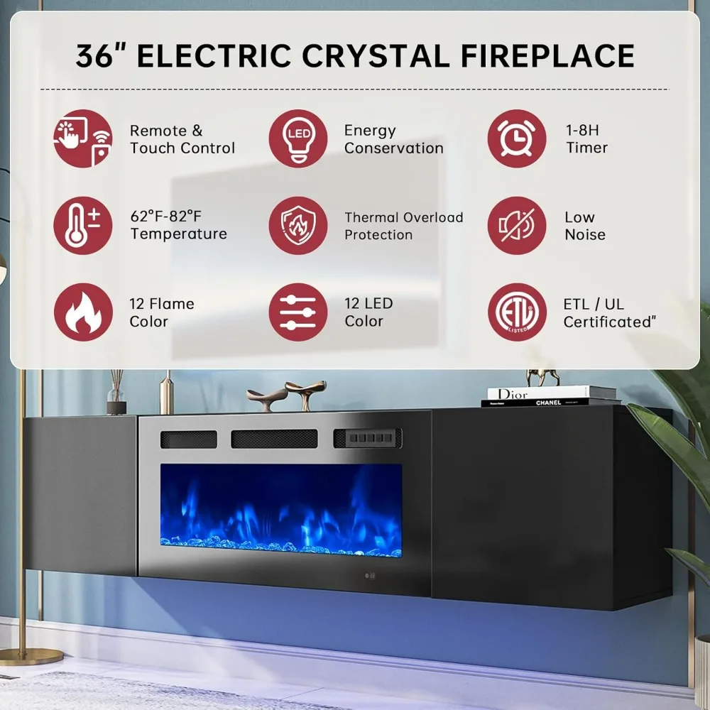 70" Floating Fireplace TV Stand, Wall Mounted Entertainment Center with 36" Electric Fireplace, Modern LED Light TV Console, Fl 3