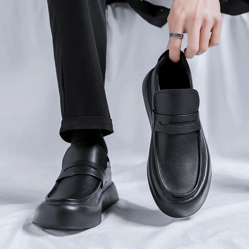 

men's casual business office dress genuine leather shoes slip-on lazy shoe black tide breathable platform loafers mans footwear