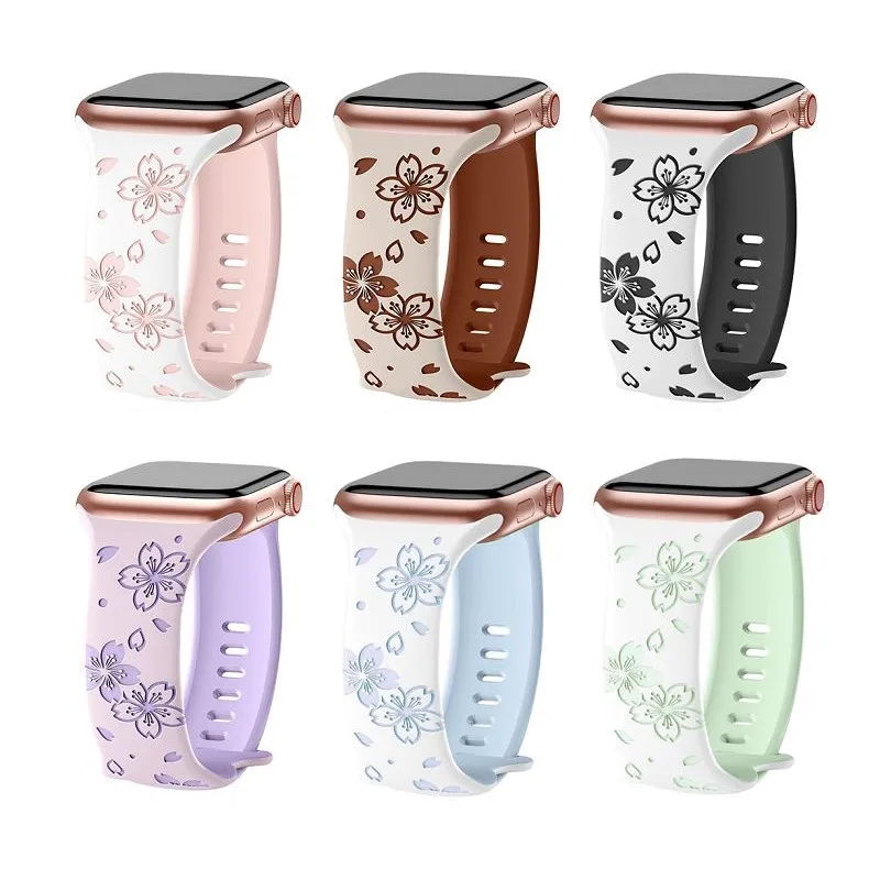 

For Apple Watch Floral Engraved Band Compatible with Apple Watch Bands Ultra 9 8 7 6 5 4 3 2 Double Color Silicone iwatch Strap