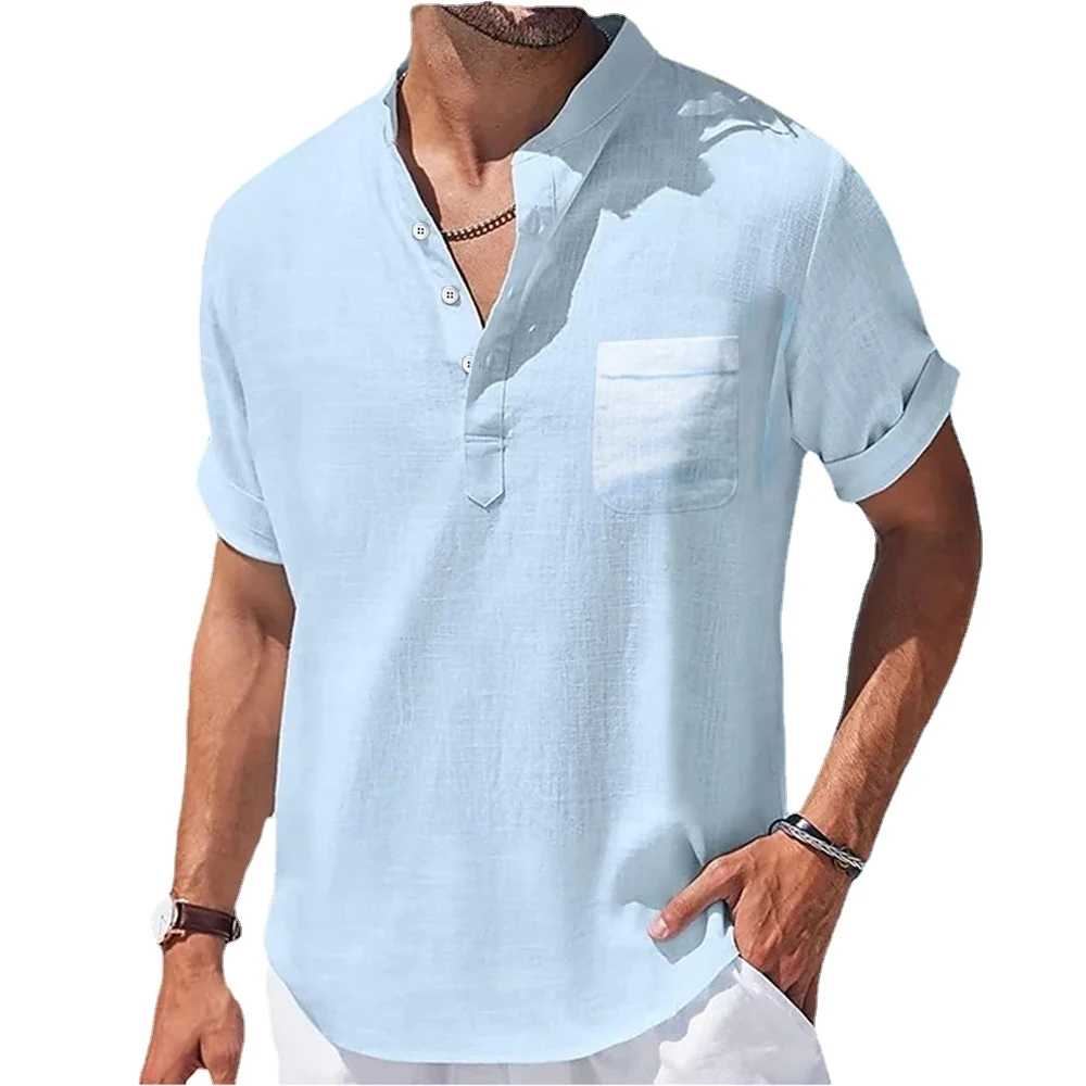 New Men's Casual Stand Up Collar Summer Solid Color Short Sleeve Linen Shirt Trendy Breathable Loose Youth Basic Pocket Top
