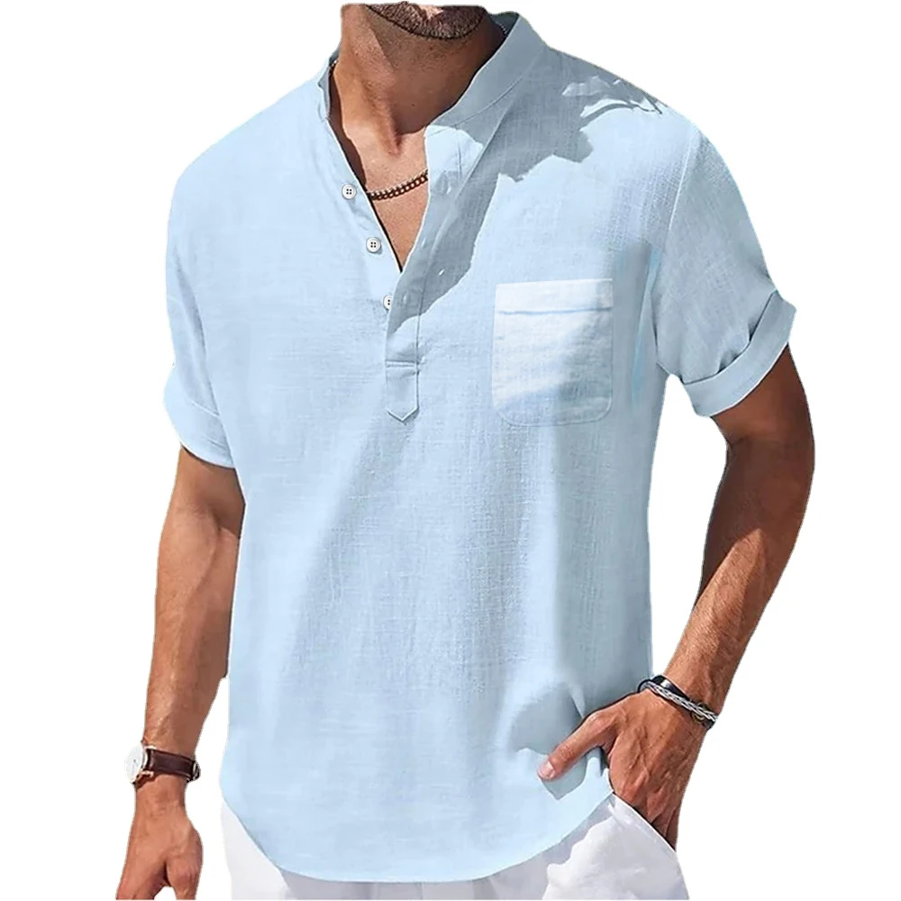 New Men's Casual Stand Up Collar Summer Solid Color Short Sleeve Linen Shirt Trendy Breathable Loose Youth Basic Pocket Top 4