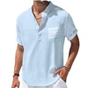 New Men's Casual Stand Up Collar Summer Solid Color Short Sleeve Linen Shirt Trendy Breathable Loose Youth Basic Pocket Top 4