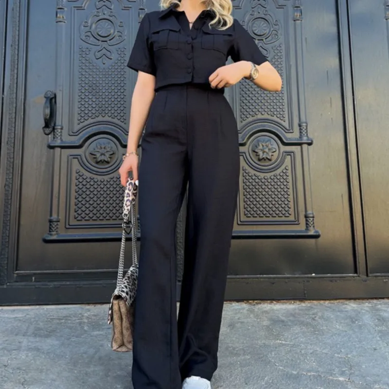 New Commuter Casual Women's Set Polo Collar Pocket Short Sleeve Crop Shirt Wide Leg Pants Minimalist Style Two Piece Sets