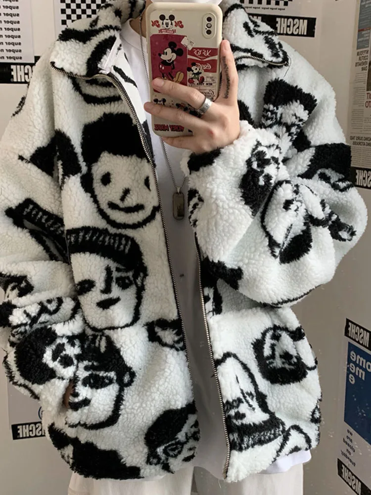 Lambswool Keep Warm Zipper Outerwear Korean Winter New Harajuku Lazy BF Style Coat Cute Cartoons Printing Full Sleeve Jacket wallet stand design pattern printing cross texture leather case for oneplus 9 eu us version keep calm and sparkle