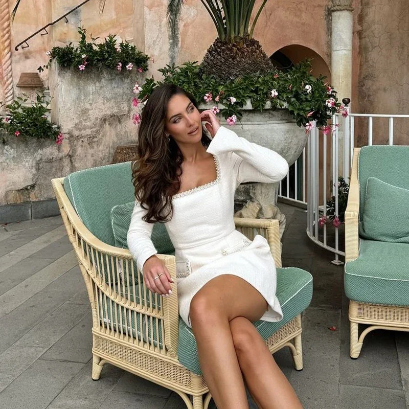 Elegant Tweed Short Party Dress Women Long Sleeve Square Collar Fake Pocket Evening Dresses Autumn Shiny Slim A-line Robes