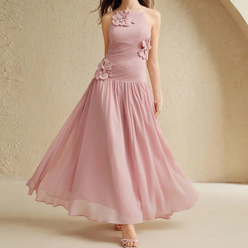 A-Line Halter Neck Pleated Ruffles Floor-length Dress Marigold