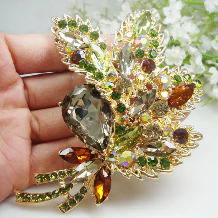 

Woman's Vintage Brown Rhinestone Crystal Flower Leaf Pendant Brooch Pin