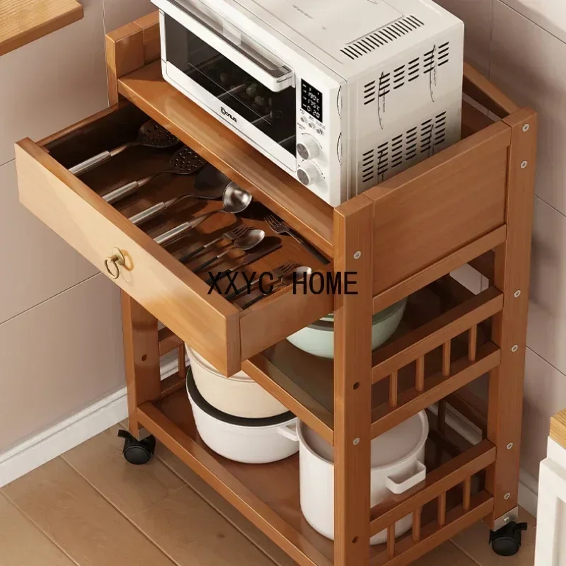 Multi-functional Storage Cart Multilayer Drawer Microwave Oven Rack Natural Bamboo Storage Rack Mobile Pulley Kitchen Furniture