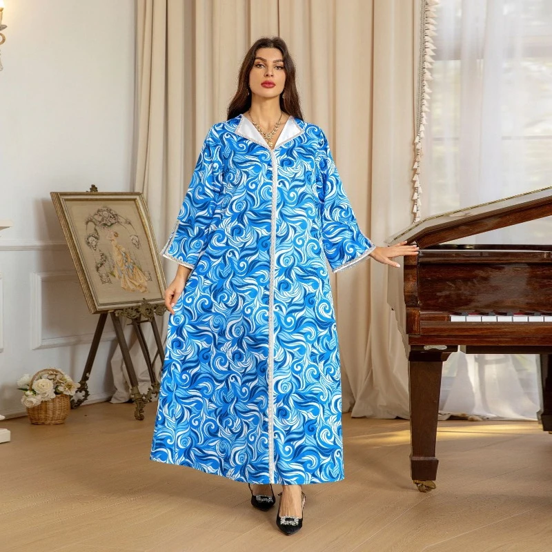 

Middle East Clothing Muslim Women's Wear Blue-and-White Hot Drilling Dress evening dresses abaya femme hijab dress abayat