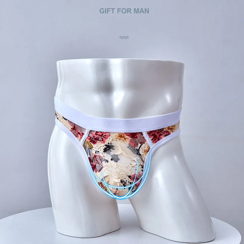 

Новые сексуальные полупрозрачные кружевные сетчатые стринги, мужское нижнее белье, дышащие быстросохнущие полые трусы, эластичные мужские трусы с принтом, мужские трусы D2