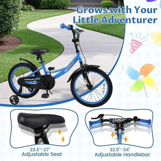 18 Inch Toddler Bike with Removable Training Wheels, Dual Brakes, Adjustable Seat & Handlebar, Suitable for Ages 3-8, Blue with