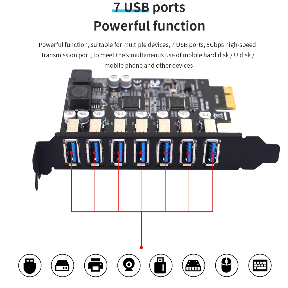 TISHRIC 데스크탑용 USB 3.2 Gen1 PCI 익스프레스 멀티플라이어, PCI E-7 포트, USB 3 허브 확장 어댑터 카드, PCI-E 1X 컨트롤러