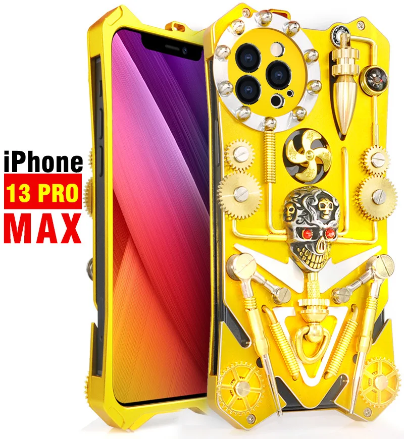 Original Luxury Armor Metal Aluminum Phone Case For Iphone 13 12 11 Pro Max 8 7 Se Cover Mechanical Purely Handmade Skull Shell