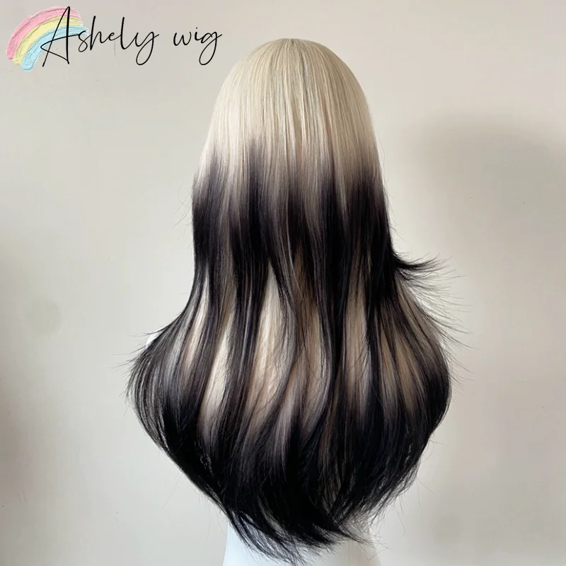 Ashely Ombre Black Blonde Wig for Women Y2K Hairstyle Lolita Wigs Straight Sissy Wig with Bangs Paruky for All Saints' Day