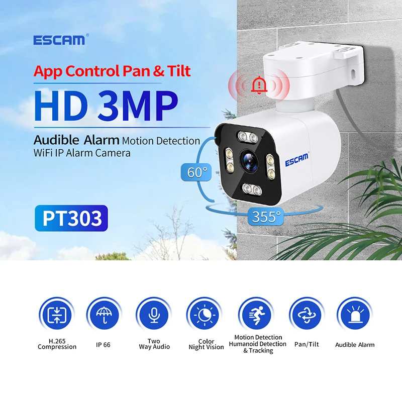 ESCAM PT303 HD 3MP Wifi IP Camera Humanoid Detection Tracking  Sound Alarm Smart Dual Light Source Night Vision Network Camera